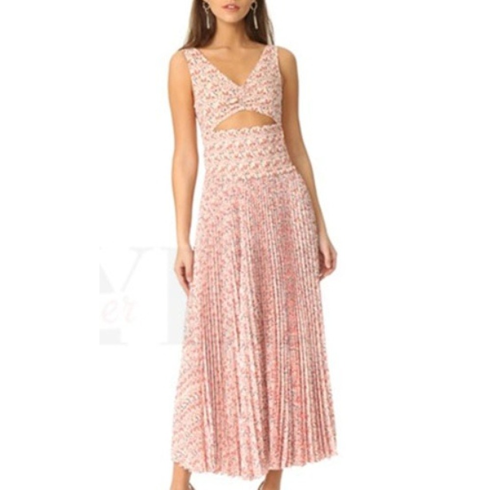 A.L.C. 100% Silk Alec Printed V-Neck Dress Pink/Cream Floral Women Size 6 Pleats